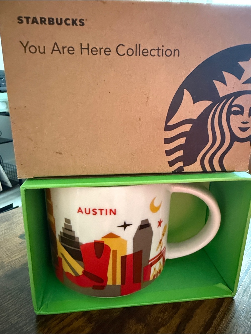 Starbucks Austin Skyline White Mug with Red, Yellow and Gray Accents